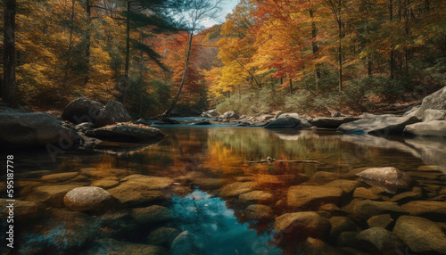 Tranquil scene of autumn forest by water generated by AI
