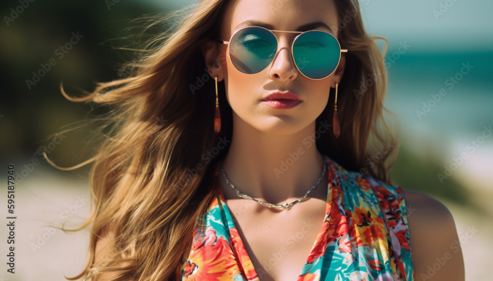 Young woman in sunglasses exudes summer elegance generated by AI