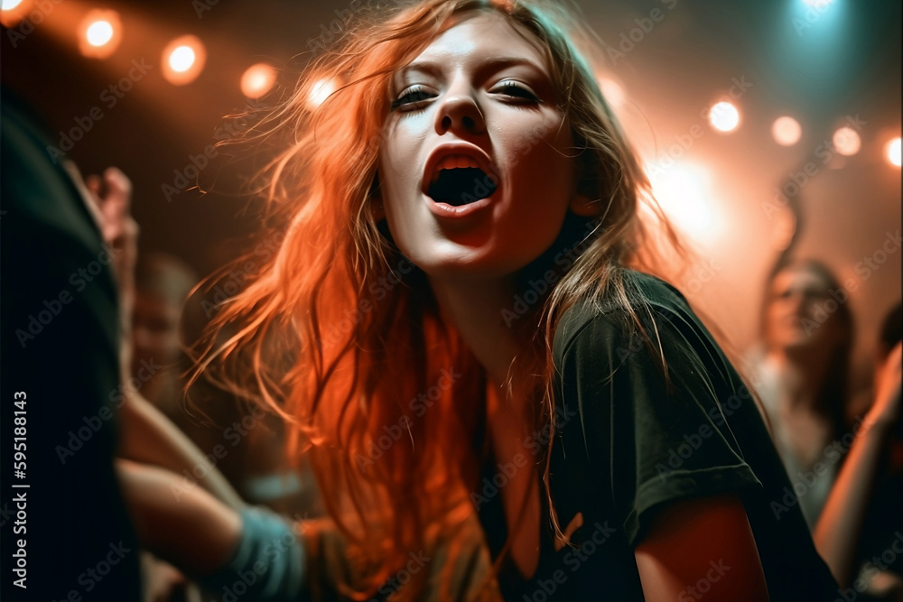 23 year old blond woman rocking out at a concert at night, surrounded by colorful lights and a sea of enthusiastic fans. Energetic, Vibrant, Dynamic, Expressive, generative ai
