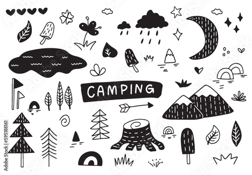 Vector - camping doodle set, outdoor or picnic concept, hand drawing on on white background, Adventure elements.