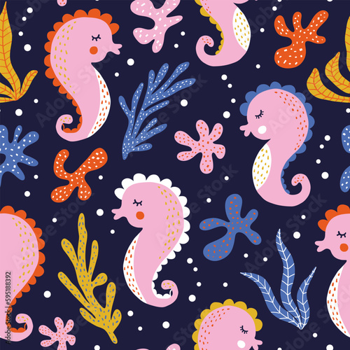 Colorful seamless pattern with funny seahorses, corals and algae. Background with cute inhabitants of the sea and ocean. Flat vector illustration. © Anna Kubasheva