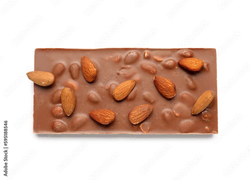Sweet tasty chocolate with almonds on white background Sweet tasty chocolate with almonds on white background
