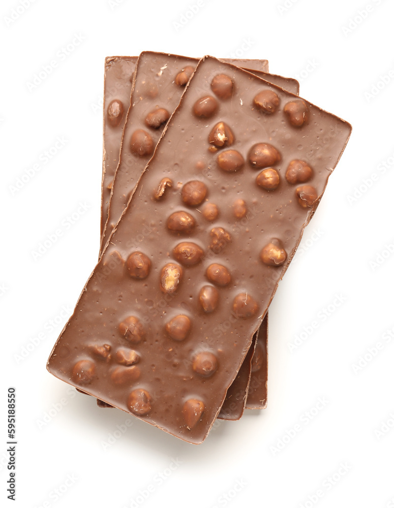 Sweet tasty chocolate with nuts on white background Sweet tasty chocolate with nuts on white background
