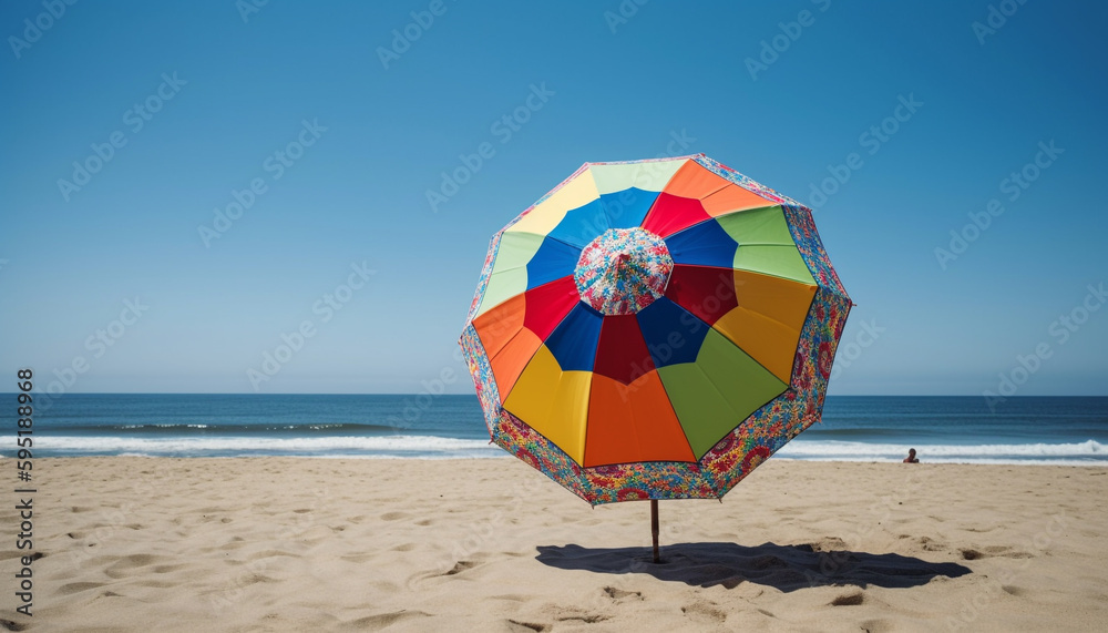 multi colored beach with umbrella seascape generated by AI