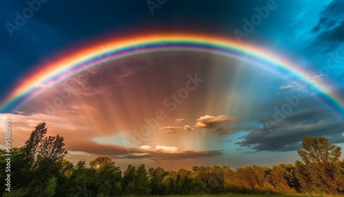 Majestic rainbow over tranquil forest landscape scene generated by AI