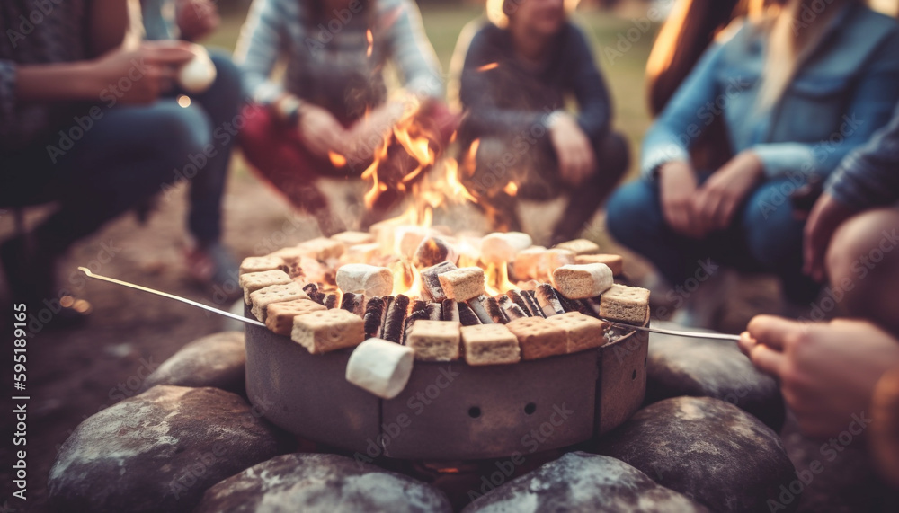 Fototapeta premium Grilling meat and marshmallows over campfire flames generated by AI