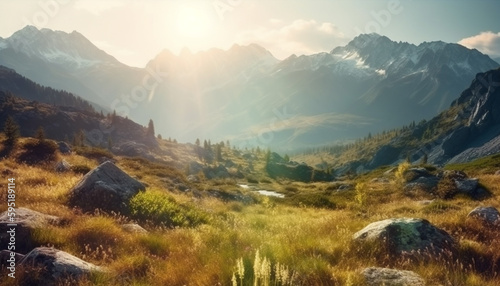 Majestic mountain range reflects tranquil sunset in Asturias generated by AI