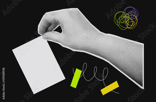 Blank page of paper in hand, halftone collage. Female hand holding blank paper, note for writing. Mockup, clipping from a magazine for collage design. Business form, document. contemporary art. Vector