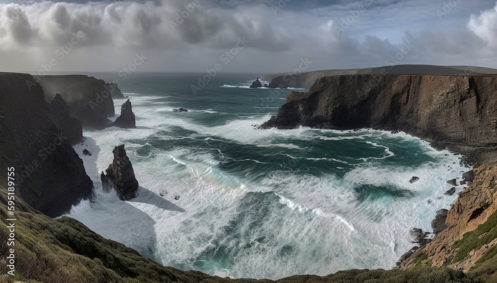 Majestic coastline, eroded cliffs, breaking waves, beauty generated by AI