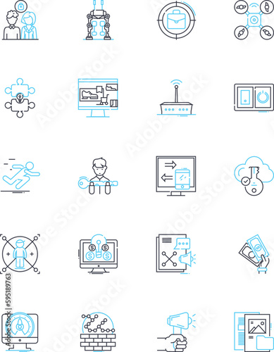 Blockchain revolution linear icons set. Decentralization, Cryptography, Innovation, Transparency, Smart-contracts, Security, Disruption line vector and concept signs. Trust,Transparency,Ledger outline