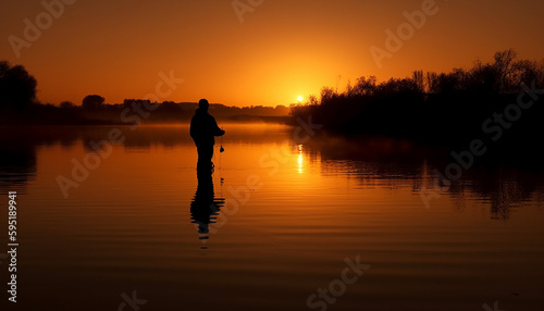 Silhouette of one person standing in tranquil sunset generated by AI