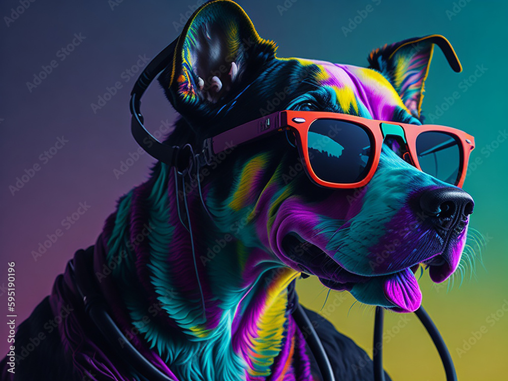 dog with sunglasses, acid pop colorful dog wearing sunglasses 