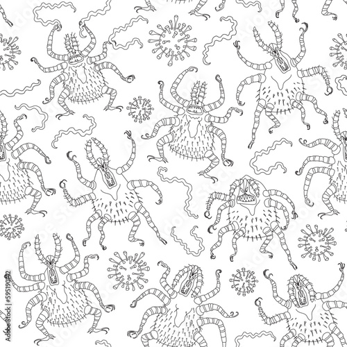 Vector seamless pattern. Cartoon tick, borrelia bacillus and a tick-borne encephalitis virus 