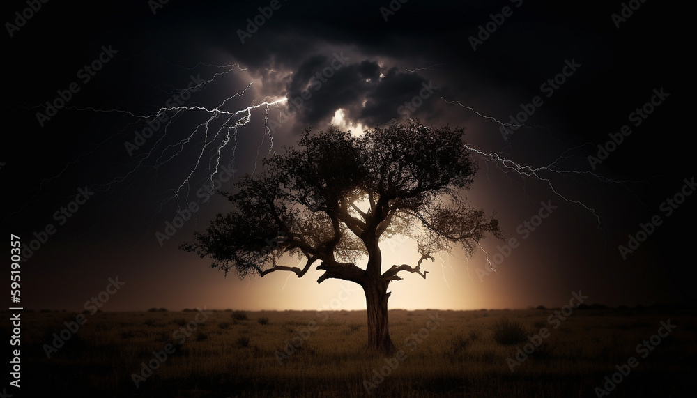 Obraz premium Silhouette of majestic tree in glowing sunset generated by AI