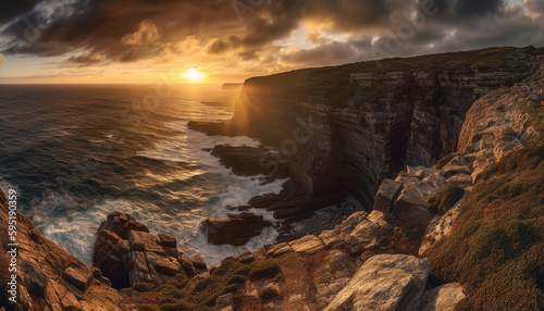 Majestic sandstone cliff at dusk by water generated by AI