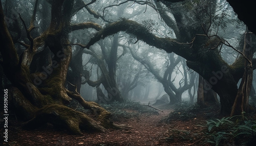 Spooky forest, mystery in nature, surreal beauty generated by AI © Stockgiu
