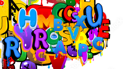 Graffiti background created with Letters. Abstract modern street art wallpaper performed in urban painting style on white.