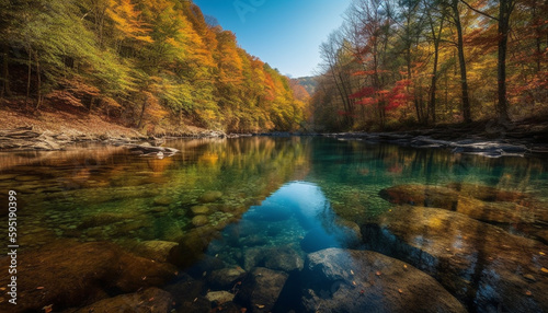 Tranquil scene of autumn mountain ravine colors generated by AI © Stockgiu