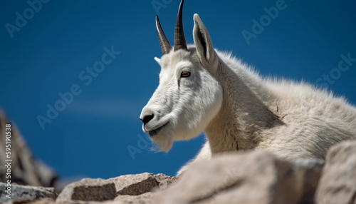 Horned goat grazing on mountain meadow grass generated by AI