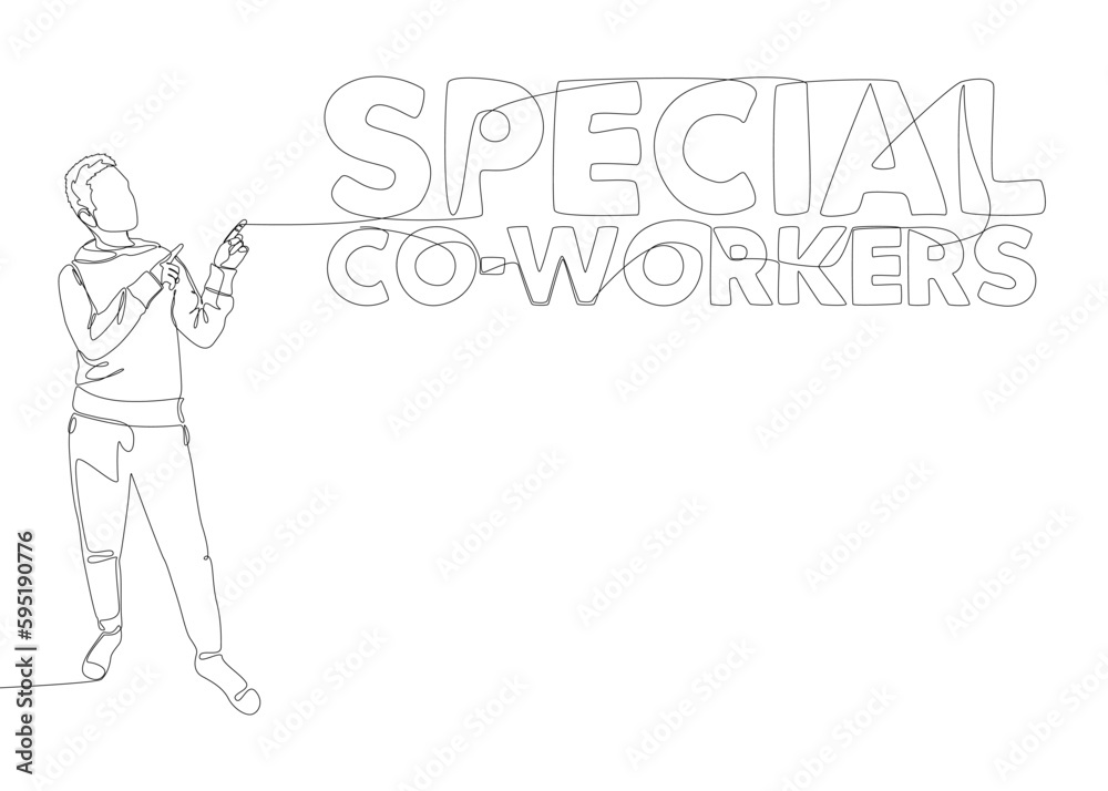 One continuous line of Man pointing with finger at Special Co-workers word. Thin Line Illustration vector concept. Contour Drawing Creative ideas. One continuous line of Man pointing with finger at Special Co-workers word. Thin Line Illustration vector concept. Contour Drawing Creative ideas.