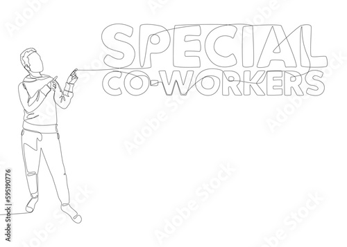 One continuous line of Man pointing with finger at Special Co-workers word. Thin Line Illustration vector concept. Contour Drawing Creative ideas.