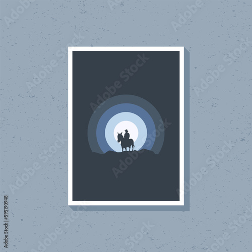 Horse herder silhouette artwork in blue dark color for wall decoration. 
