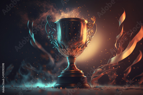 Golden champion trophy cup winner on blur bokeh dark lights background AI generated art