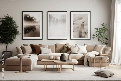 Sophisticated Simplicity: Neutral Coloured Modern Living Room with Picture Frames - Generative AI