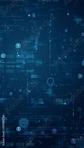Motion graphic of Blue digital artificial intelligence (AI) icon and data matrix simulation with futuristic HUD screen technology on blue abstract background vertical video concept