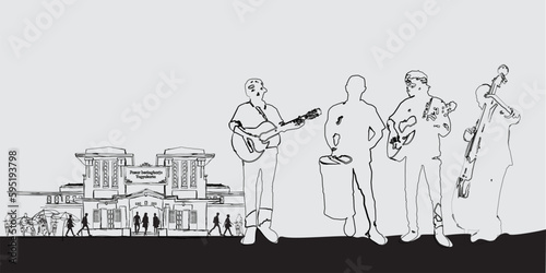 Illustration of a street busker with a background in the Beringharjo market, Yogyakarta, Indonesia
