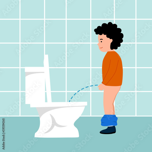 Boy kid peeing in a toilet in flat design.