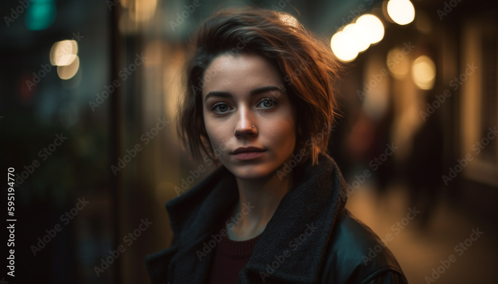 Fototapeta premium Young woman beauty illuminated by city lights generated by AI