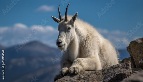 Horned mountain goat grazing in alpine pasture generated by AI