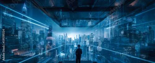 A silhouetted person overlooks a vast futuristic AI designed blue glow cityscape. Artificial intelligence technology architecture has taken over the city - a cyberpunk future (generative AI)