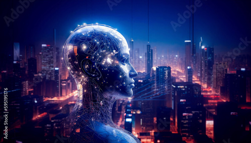  A futuristic artificial intelligence neural network chatbot that's a huge, holographic figure overlooking a city. An AI fembot assistant. (generative AI)