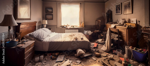 A dirty dull messy bedroom that needs a deep cleaning. Untidy and unhygienic behavior of a depressed and lazy person (generative AI)
