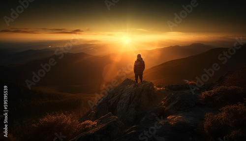 Standing on mountain peak, one person success generated by AI © Stockgiu