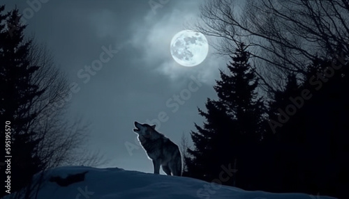 Silhouette of wolf howling at midnight moon generated by AI