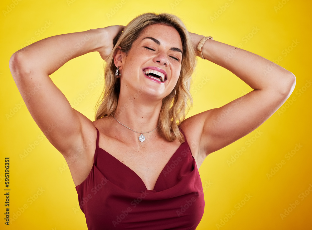 Fashion, funny comedy and woman laughing, happy and smile for style, humor or comic joke. Beauty, luxury apparel clothes and stylish female model with cosmetic makeup isolated on yellow background Fashion, funny comedy and woman laughing, happy and smile for style, humor or comic joke. Beauty, luxury apparel clothes and stylish female model with cosmetic makeup isolated on yellow background