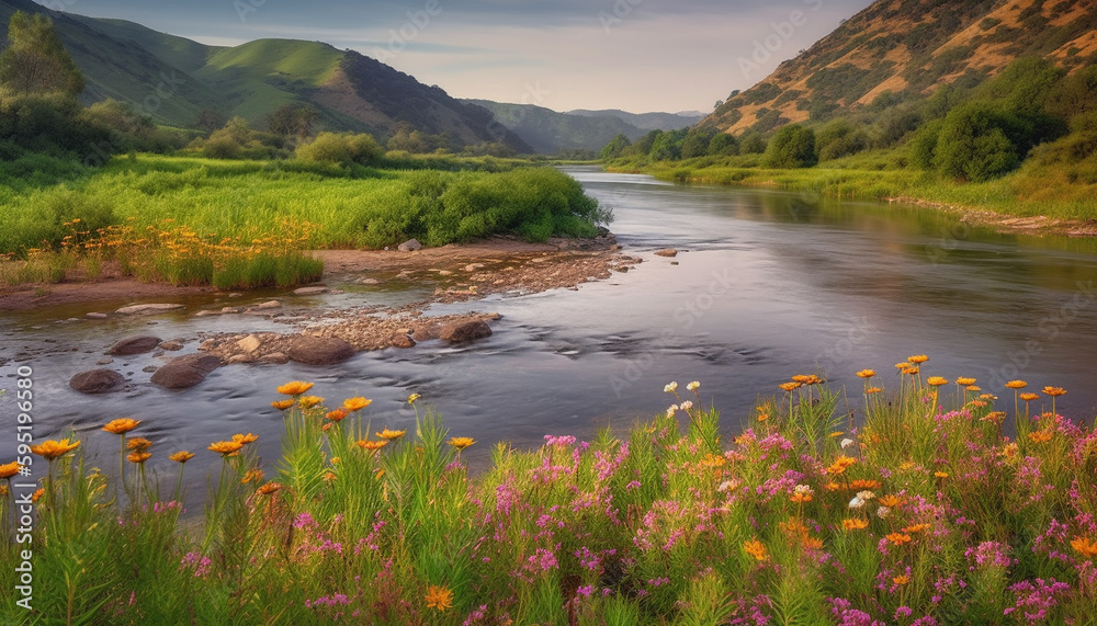 Obraz premium Tranquil meadow reflects mountain range multi colored beauty generated by AI