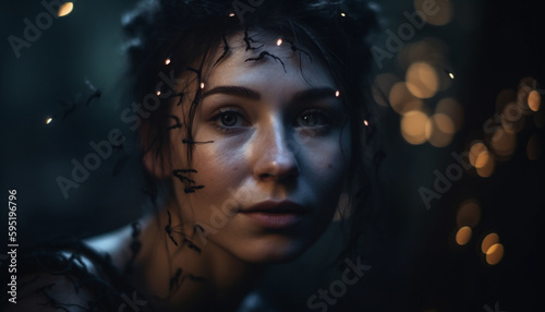 Young woman illuminated in dark, looking beautiful generated by AI