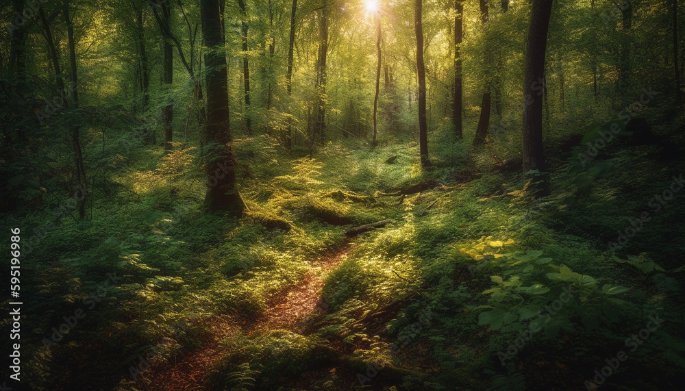 Tranquil forest footpath in autumn sunlight glow generated by AI
