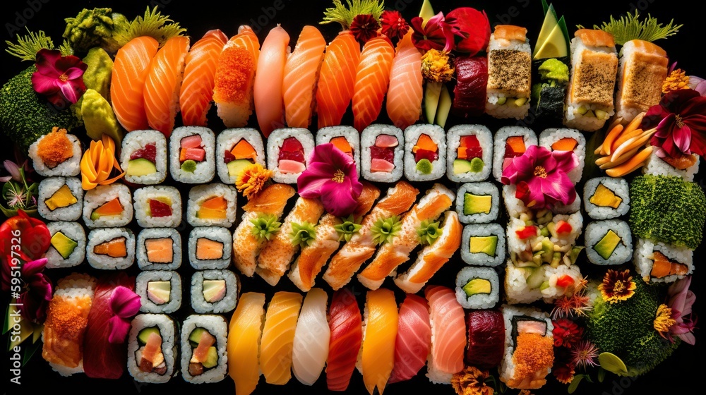 A top view of an extra huge sushi set on a plate
