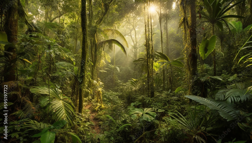 Naklejka premium Tropical rainforest ferns grow in lush greenery generated by AI