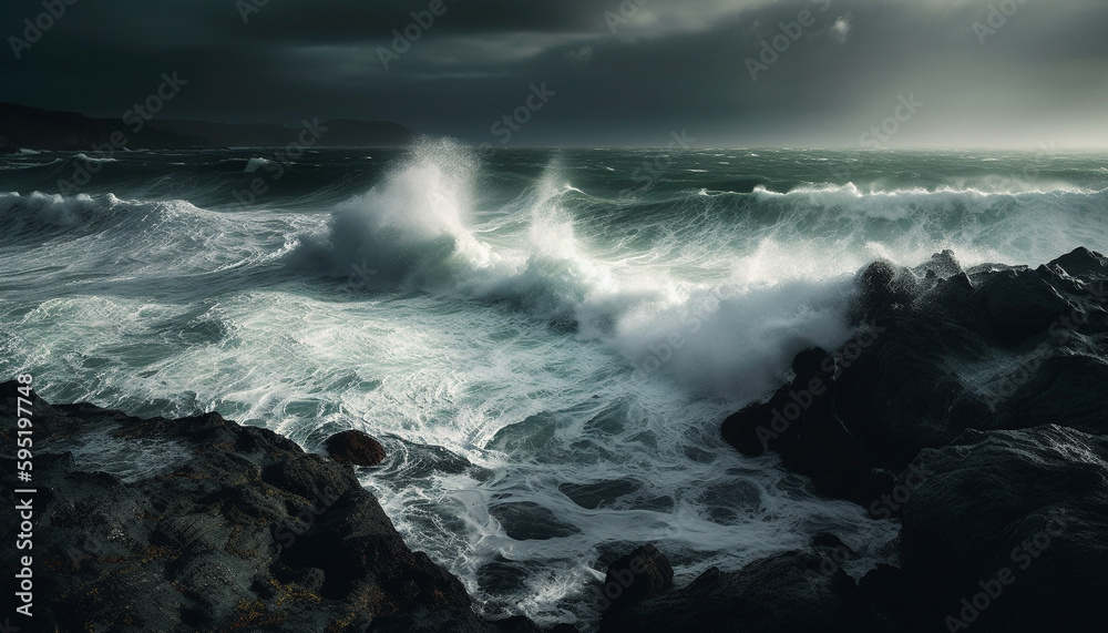 Breaking waves crash against rocky coastline, dramatic beauty generated by AI Breaking waves crash against rocky coastline, dramatic beauty generated by AI