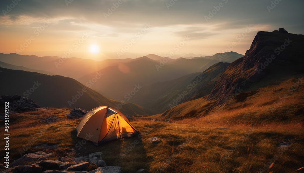 Hiking through mountain range, camping at sunset generated by AI