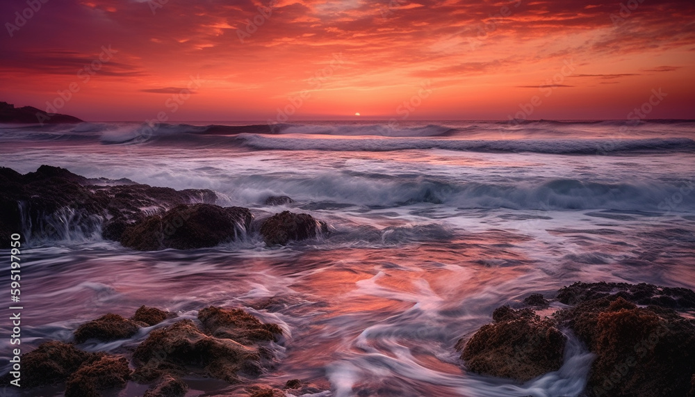 Sunset over dramatic coastline, waves crash on rocks generated by AI
