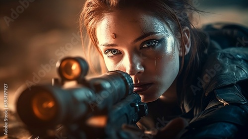 extreme low angle cinematic action upper body photograph of a beautiful rebel woman sniper lying on the ground wearing fighting suit and firing her laser rifle, epic action scene. generative AI