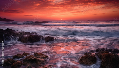 Sunset over dramatic coastline, waves crash on rocks generated by AI