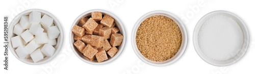 White bowl plates of natural brown and white unrefined sugar and sugar cubes on white background.
